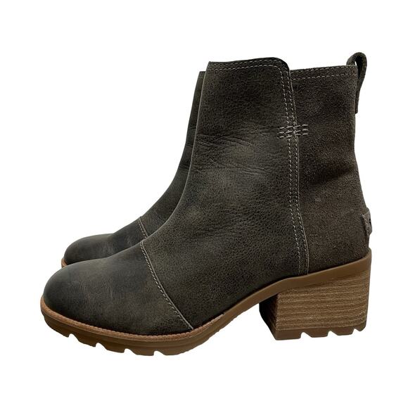 Sorel Womens Cate Leather Heeled Ankle Boots US 7 Army Green Waterproof Side Zip - Picture 1 of 10